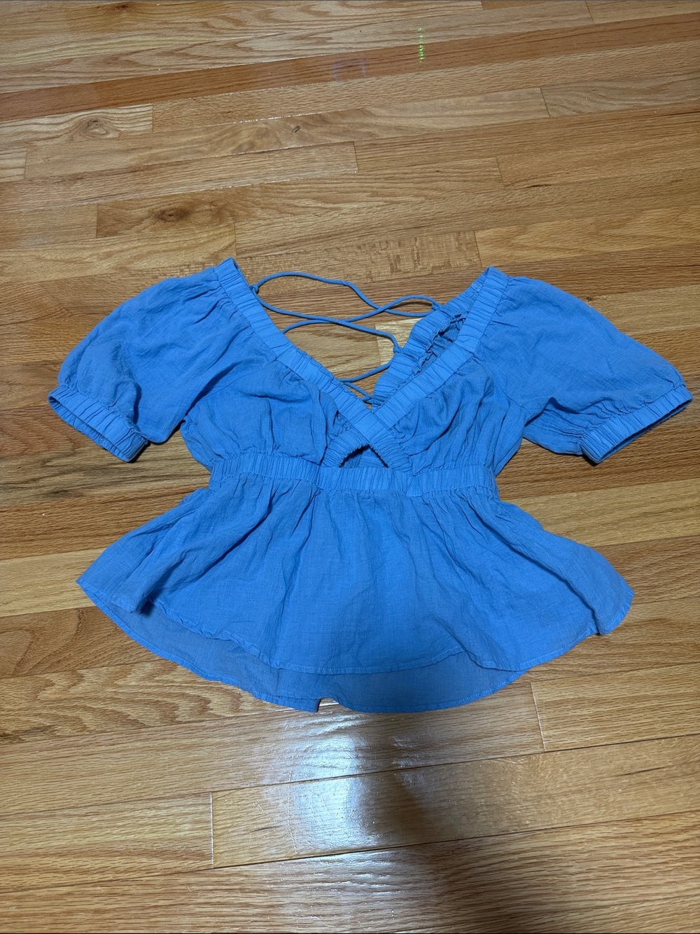 American Eagle Outfitters Blue Peplum Blouse with Crisscross Back Straps